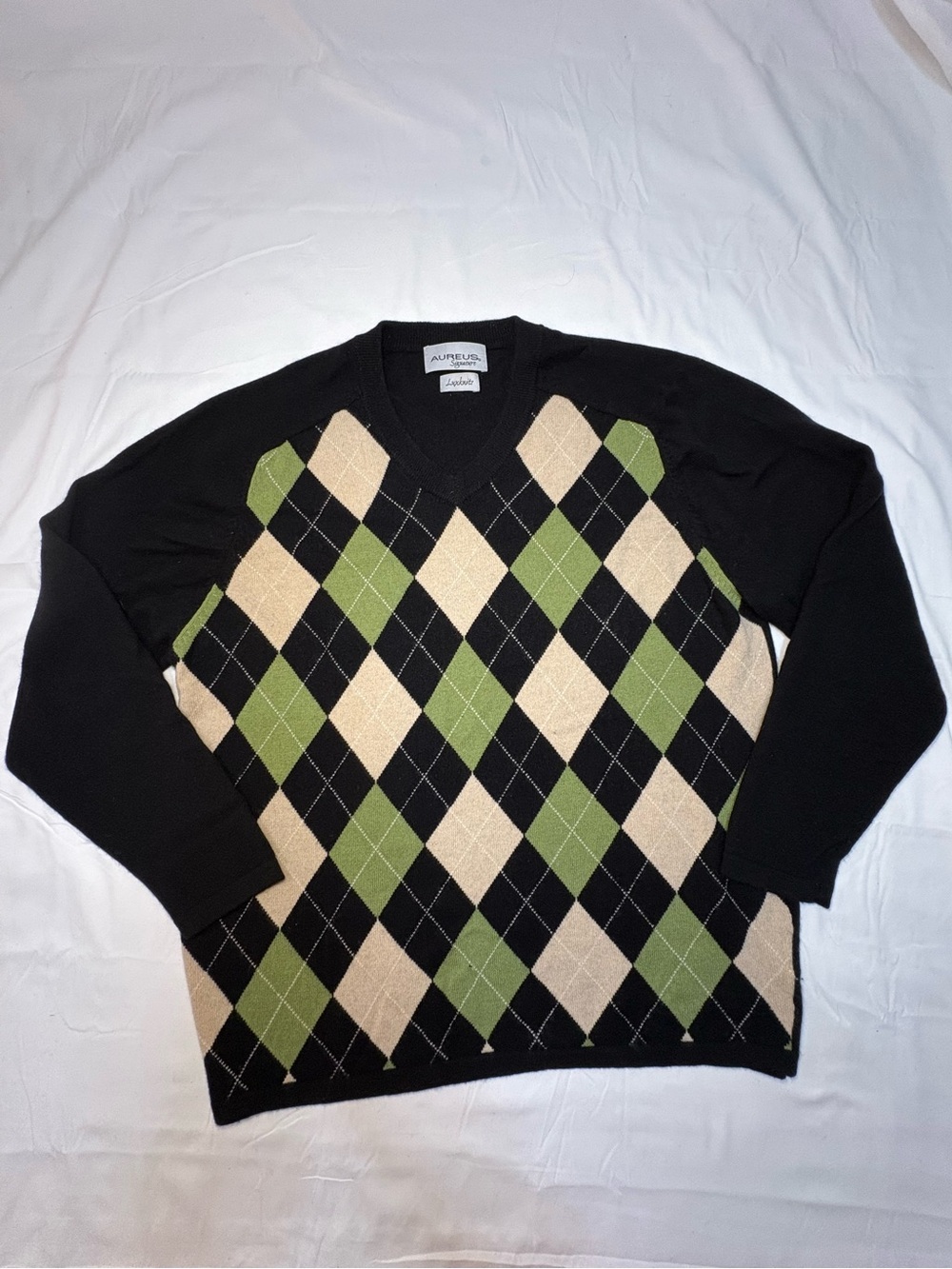 Vintage Aureus Signature 100% Cashmere Argyle V-Neck Sweater Flaw